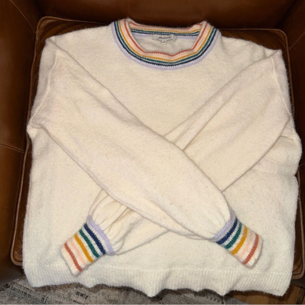 Madewell Women's Off White Rainbow Trim Gladwell Balloon Sleeve Sweater GUC XS